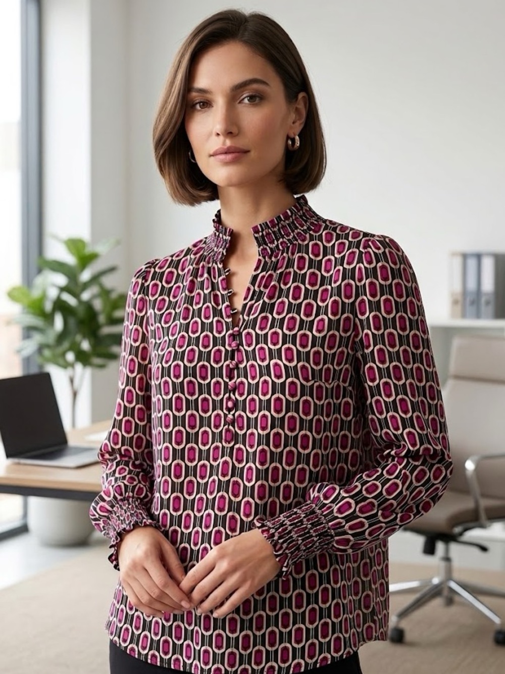 Haver Pink Multi Geometric Smocked-Neck Blouse